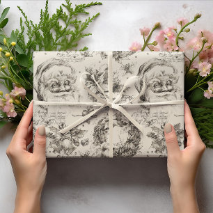 Vintage Retro Santa Drawing Black White Christmas Wrapping Paper