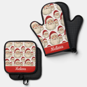 Vintage Retro Santa Face White Oven Mitt & Pot Holder Set