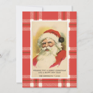 Vintage Retro Santa Red Plaid Christmas Card