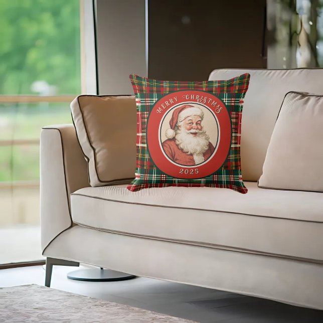 Vintage Retro Santa Rustic Plaid Cushion (Creator Uploaded)