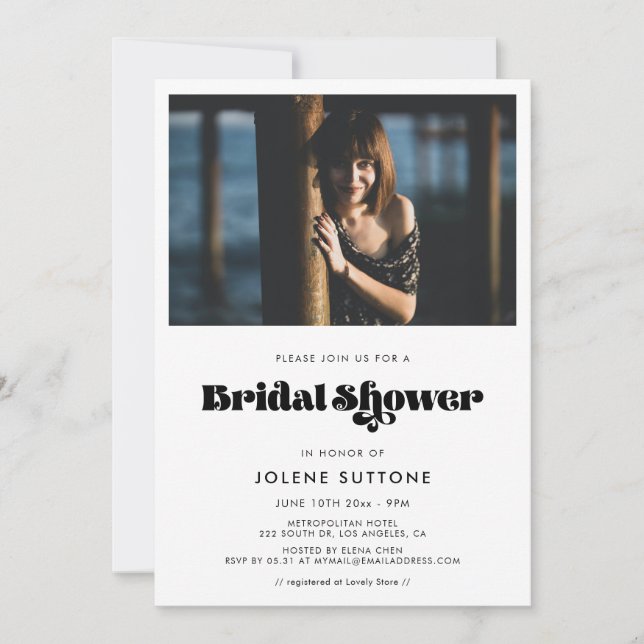 Vintage retro script bridal shower photo invitation (Front)