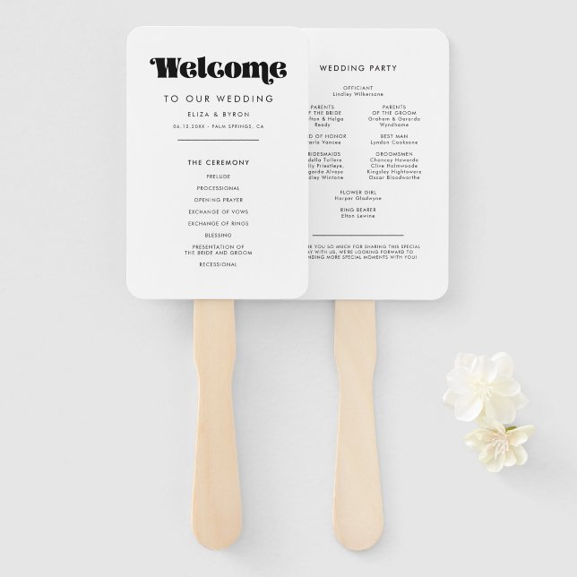 Vintage Retro Script Program & Wedding Party Hand Fan (Front and Back)