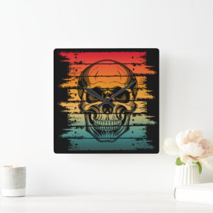 Vintage Retro Silhouette Skull Square Wall Clock