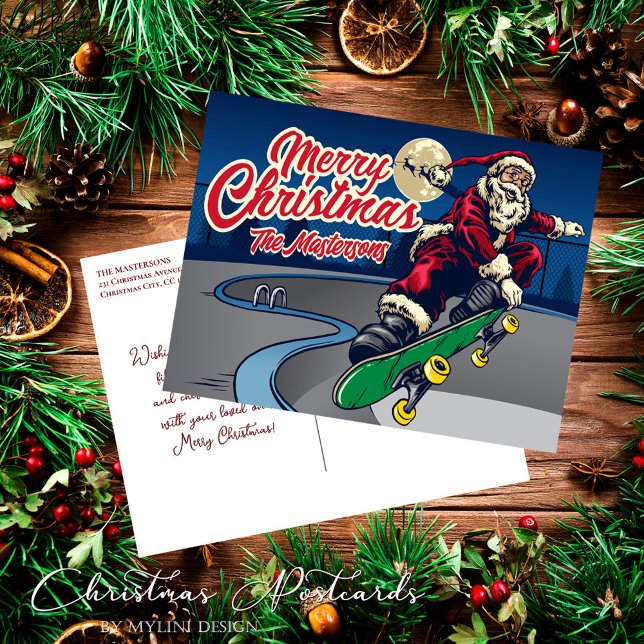 Vintage Retro Skate Santa Christmas Greetings Holiday Postcard (Creator Uploaded)
