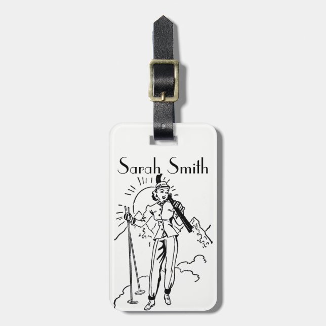 Vintage/Retro Ski Lady Personalized Luggage Tag (Front Vertical)