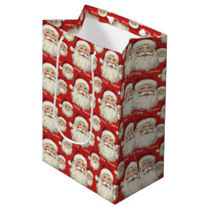 Vintage Retro Smiling Santa Face Red Medium Gift Bag