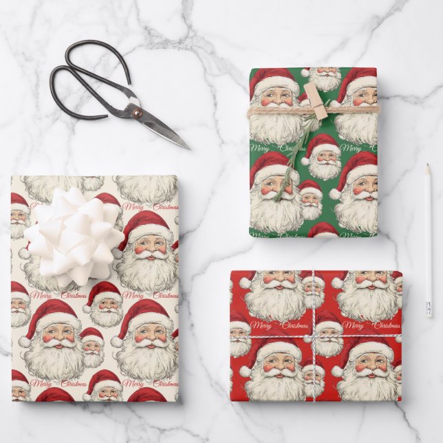 Vintage Retro Smiling Santa Face Wrapping Paper Sheet (Front)