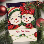 Vintage Retro Snowman Couple Custom Christmas Holiday Card<br><div class="desc">This adorable vintage Christmas card features a cute snowman couple in festive holiday hats and scarfs,  holding an envelope that says 'Merry Christmas'.  Personalise by customising the message on the back and/or adding your name(s).</div>