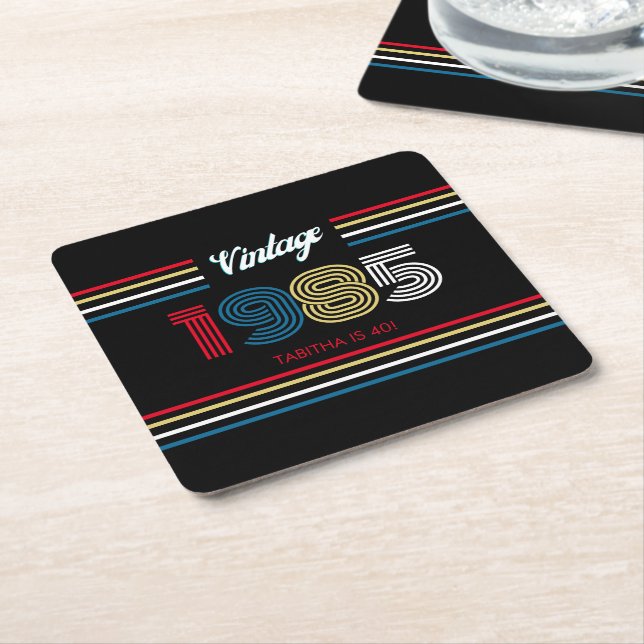 Vintage Retro Stripe Primary Colours Square Paper Coaster (Angled)