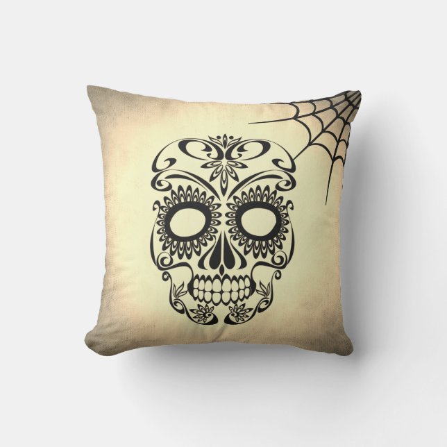 Vintage Retro Style Skull & Crossbones Cobweb Cushion (Front)