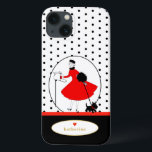 Vintage Retro Stylish Lady Scottie Dog iPhone 13 Case<br><div class="desc">Features a vintage retro design of a stylish lady and her Scottie dog. Done in classic red and black,  accented with black polka dots on a white background and personalised with your name in gold colour text. Makes a great gift for birthday,  graduation,  holidays,  Christmas and more!</div>
