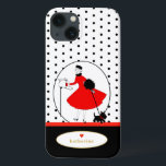 Vintage Retro Stylish Lady Scottie Dog iPhone 13 Case<br><div class="desc">Features a vintage retro design of a stylish lady and her Scottie dog. Done in classic red and black,  accented with black polka dots on a white background and personalised with your name in gold colour text. Makes a great gift for birthday,  graduation,  holidays,  Christmas and more!</div>