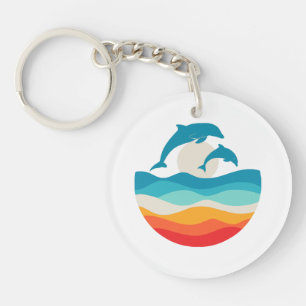 Vintage Retro Summer Time Beach Dolphin  Key Ring