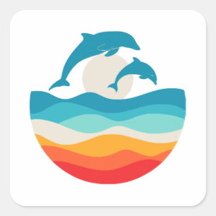 Vintage Retro Summer Time Beach Dolphin Square Sticker