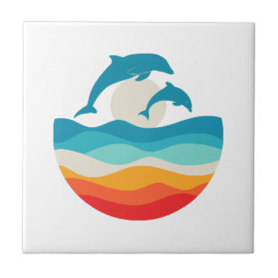 Vintage Retro Summer Time Beach Dolphin Tile