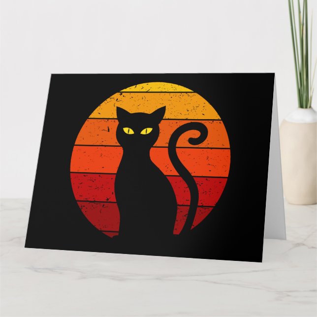 Vintage Retro Sunset Halloween Black Cat I Card (Front)