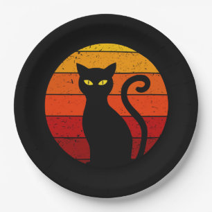 Vintage Retro Sunset Halloween Black Cat I Paper Plate