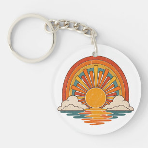 Vintage Retro Sunset Rainbow Ocean Reflection Key Ring