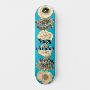 Vintage Retro Teal Sepia Floral Skateboard