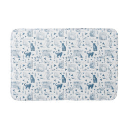 Vintage Retro Toile Pattern Cat Catnip White Blue Bath Mat