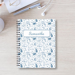 Vintage Retro Toile Pattern Cat Catnip White Blue Notebook