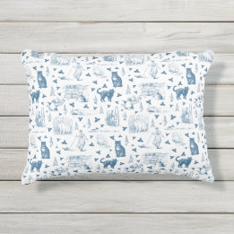 Vintage Retro Toile Pattern Cat Catnip White Blue Outdoor Cushion