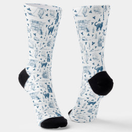 Vintage Retro Toile Pattern Cat Catnip White Blue Socks