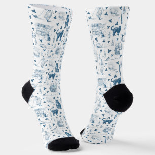 Vintage Retro Toile Pattern Cat Catnip White Blue Socks