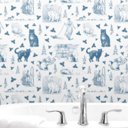 Vintage Retro Toile Pattern Cat Catnip White Blue Wallpaper