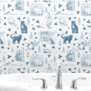 Vintage Retro Toile Pattern Cat Catnip White Blue Wallpaper