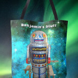 Vintage retro toy robot in galaxy add your name tote bag<br><div class="desc">I love cute, retro faces on vintage, childhood metal toy wind-up robots. Here’s one of my favourites, set against a turquoise blue bubble galaxy sky. Be a trendsetter whenever you use this fun, colourful, personalised name tote bag. Makes a great gift for someone special! Just type in the name of...</div>