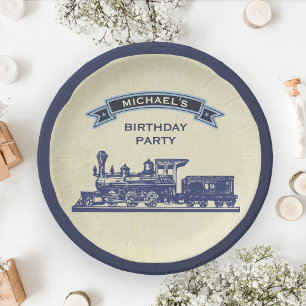 Vintage Retro Train Kids Birthday Party Paper Plate