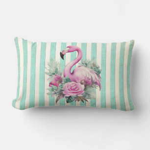 Vintage Retro Tropical Pink Flamingo Roses Lumbar Cushion