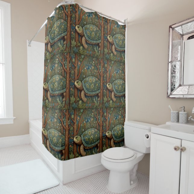 Vintage retro turtle bohemian boho woodland shower curtain (In Situ)