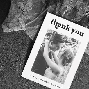 Vintage Retro Typography Black White Photo Wedding Thank You Card