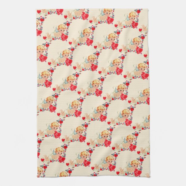 Vintage/Retro Valentine Cherub Tea Towel (Vertical)