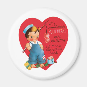 Vintage Retro Valentine's Day, Boy Fishing Hearts Magnet