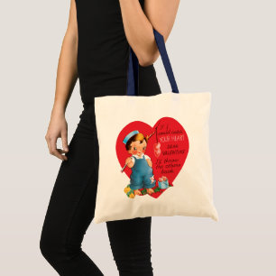 Vintage Retro Valentine's Day, Boy Fishing Hearts Tote Bag