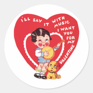Vintage Retro Valentine's Day, Boy Music Banjo Classic Round Sticker