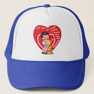 Vintage Retro Valentine's Day, Boy Music Banjo Trucker Hat