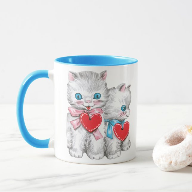 Vintage Retro Valentine's Day Cats, Cute Kitten Mug (With Donut)