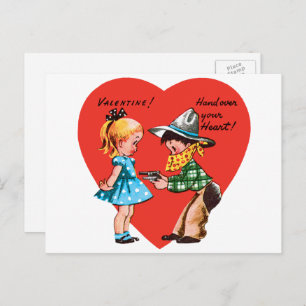 Vintage Retro Valentine's Day, Girl with Cowboy Holiday Postcard