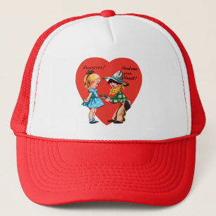 Vintage Retro Valentine's Day, Girl with Cowboy Trucker Hat