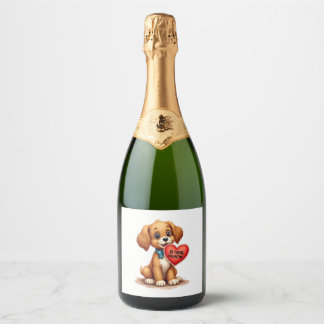 Vintage Retro Valentine's Day Puppy Dog Valentine  Sparkling Wine Label