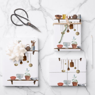 Vintage Retro Watercolor Kitchen Utensils Wrapping Paper Sheet