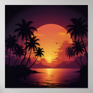Vintage retro wave sunset with palm trees poster