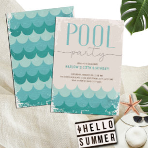 Vintage Retro Waves Pool Party Birthday Invitation