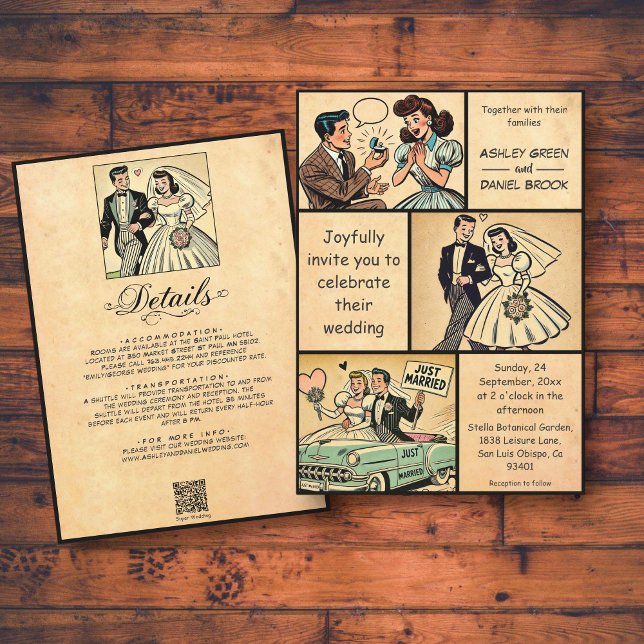 Vintage Retro Whimsical Couple 50s Comic Wedding Invitation (Creator Uploaded)