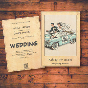 Vintage Retro Whimsical Just Married Comic Wedding Invitation