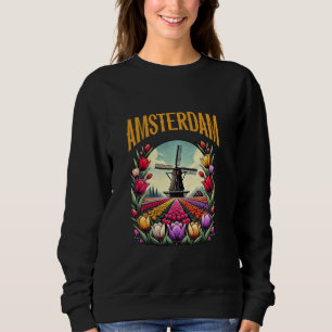 Vintage Retro Windmill On Tulip Field Amsterdam Ne Sweatshirt